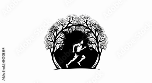 Runner in archway of bare trees