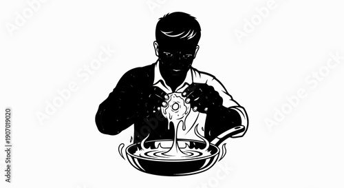 Silhouette of a person dipping a donut into a hot pan