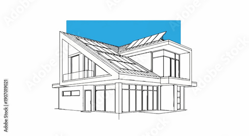 Sketch of modern house with angled roof and solar panels