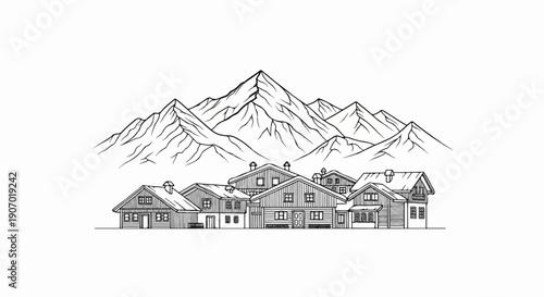 Sketch of mountain village with snow-capped peaks and wooden chalets