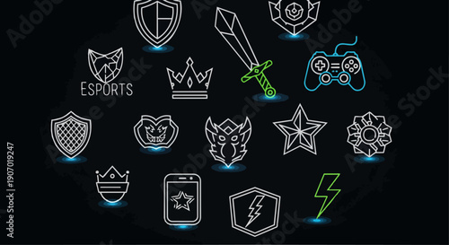 Esports Gaming Neon Icons Set on Dark Background.