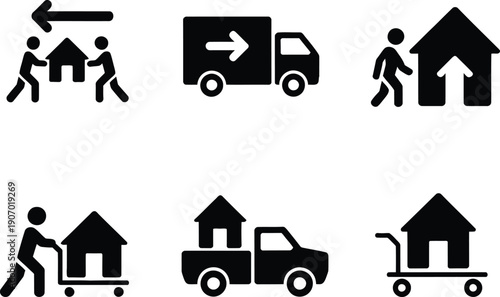 A series of icons depicting people moving houses with various vehicles and equipment.
