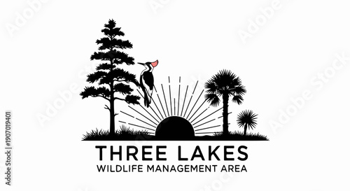 Silhouette of a woodpecker on a tree with a sunburst and palm trees