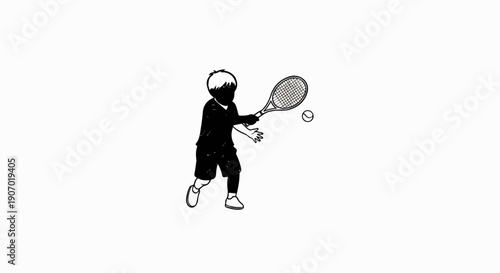 Silhouette of a young child playing tennis with a racket and ball
