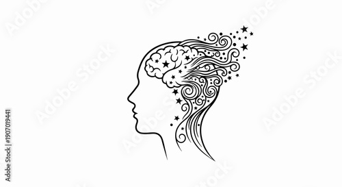 Silhouette of a woman's head with a brain and starry swirls emanating