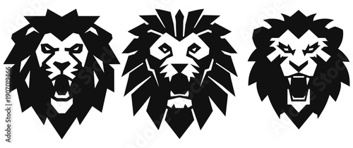 Three Stylized Black Lion Head Emblems