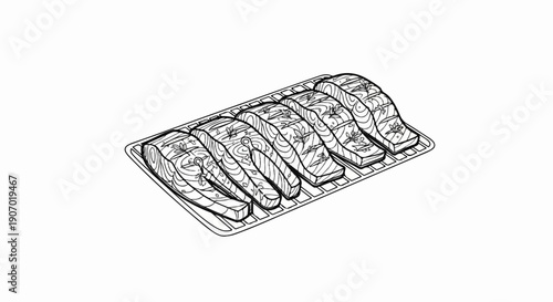 Six raw fish fillets are arranged in a plastic tray, seasoned with herbs