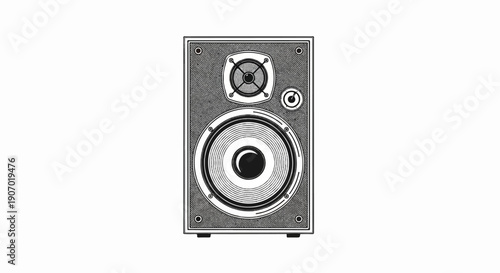 Retro speaker with textured grille and concentric rings on woofer