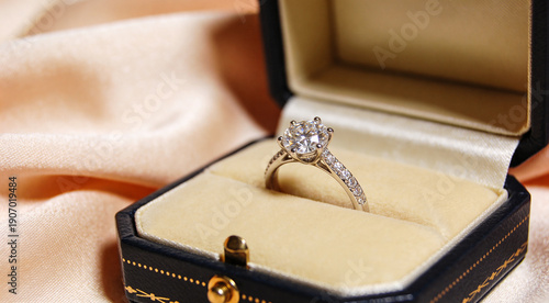 Close-up of diamond engagement ring in elegant box with round-cut stone and smaller diamonds on band. Luxurious romantic scene with satin fabric background, symbolizing love and celebration