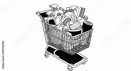 Shopping cart filled with cleaning supplies and brushes