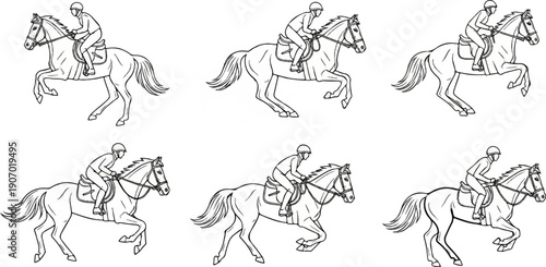 Six sequential illustrations of a rider on a horse jumping