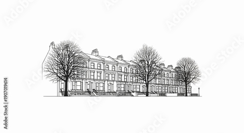 Sketch of terraced houses with bare trees and lamppost