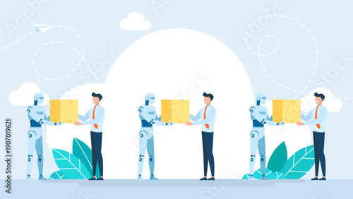 Robots and humans are passing boxes in a chain. Robot delivering box with order. Cardboard parcel in robotic couriers hands. Delivery. Technologies in service. Humanitarian Aid. Vector illustration