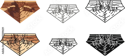 Six variations of a canyon illustration in color, outline, and silhouette
