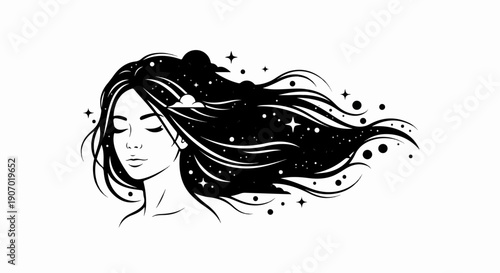 Silhouette of a woman with flowing hair filled with stars, galaxies, and clouds