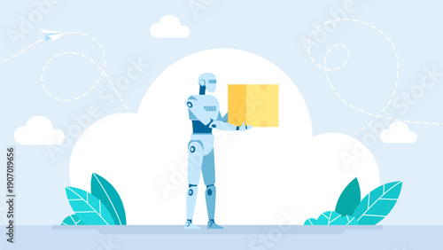 Humanoid AI robot delivering a parcel: technology and logistics concept. A humanoid robot with artificial intelligence or AI. A humanoid AI robot with a box in his hands works. Vector illustration