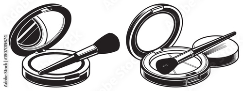 Compact Powder Vector – Makeup Illustration with Brush | Beauty Cosmetic Art .