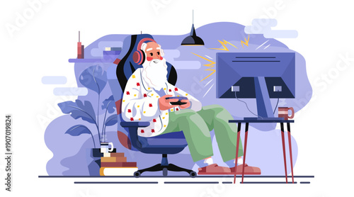 Senior man gaming headset controller computer screen home cozy interior modern lifestyle active aging