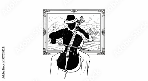 Silhouette of a person playing cello in front of a landscape painting