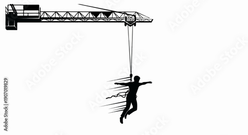 Silhouette of a person suspended by a crane, mid-jump, with streaking lines