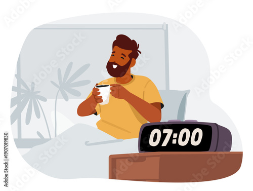 Happy rested bearded man cartoon character waking up enjoying morning coffee sitting in bed
