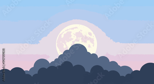 Softly lit moon behind layered clouds at dawn or dusk