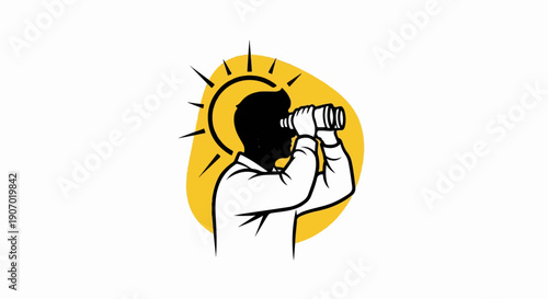 Silhouette of a person using binoculars against a yellow, sun-like shape