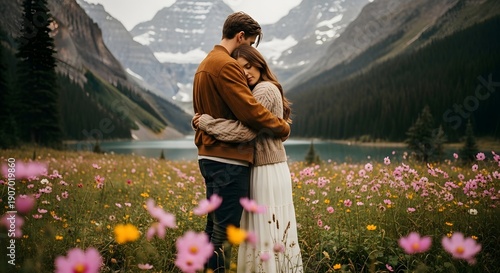 Couple Embracing in Mountain Meadow