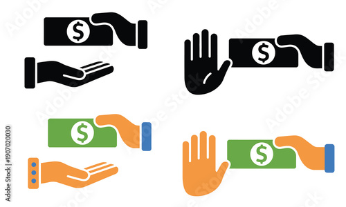 Giving or Beg Money, vector illustration set showing proposals and rejections of bribes, no corruption messages, donating money concepts,