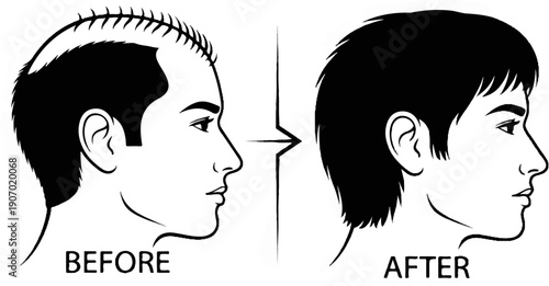 Side profile comparisons show male hair growth before and after treatment