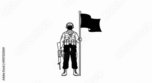 Soldier holding a black flag and a rifle