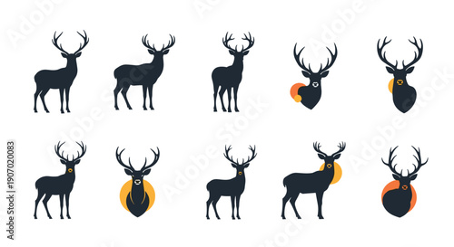 Set of deer silhouettes and head portraits in black with orange circular elements for modern wildlife logo designs.