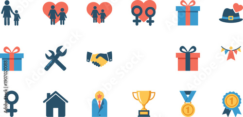 Family, relationship, and celebration icon set featuring love symbols, gender signs, gifts, awards, home concepts, and social connection elements in flat vector style