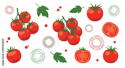 Collection of red cherry tomatoes on vines sliced portions and green leaves with decorative circular elements for food art.