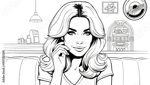 Retro diner scene with a glamorous woman and a jukebox