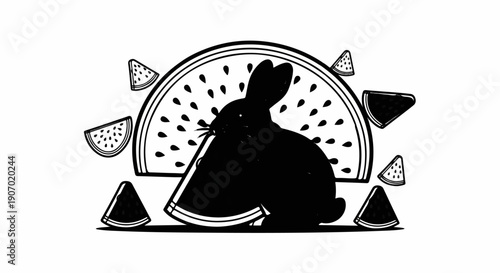 Silhouette of a rabbit enjoying a slice of watermelon surrounded by more slices