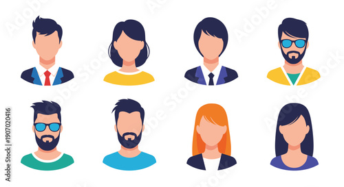 Set of eight diverse human avatars featuring men and women with different hairstyles and clothing in a flat graphic style.