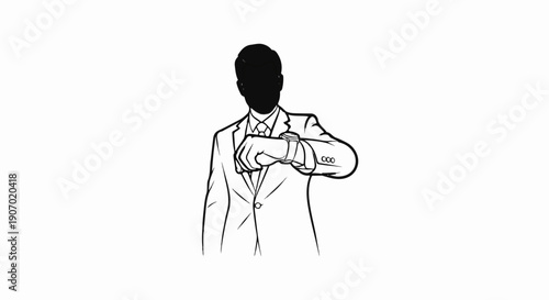 Silhouette man in suit checks wristwatch, time management concept