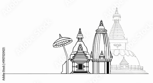 Religious structures with iconic eyes and a parasol