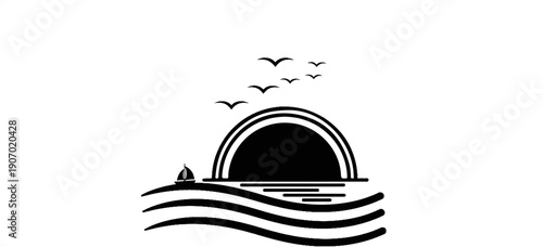 Silhouette of a sailboat, sun, birds, and ocean waves