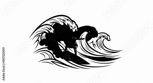 Silhouette of a surfer riding a large wave in a sketch style