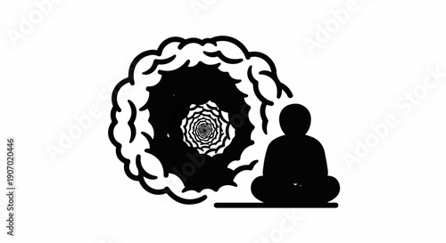 Silhouette meditates before a swirling vortex representing the mind