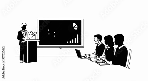 Speaker addresses audience during a business meeting with a presentation