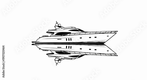 Sleek luxury yacht with reflection on water in minimalist black and white line art
