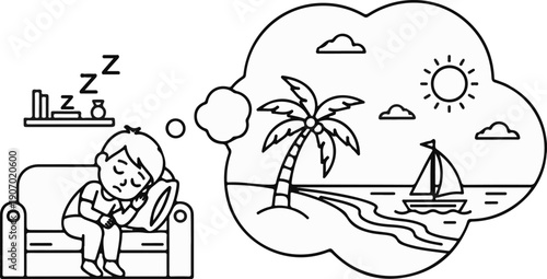 Sleeping boy dreams of a sunny beach with palm trees and a sailboat