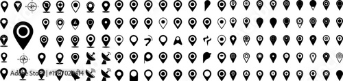  Large set of map pin icons, GPS navigation pointers, location markers, and satellite dish symbols for travel and web UI design.