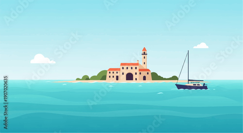 Sailboat glides past an island with a building and lighthouse