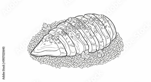 Sliced food, possibly fish or poultry, garnished with herbs and served over rice