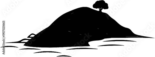 Silhouette of a small, isolated island with a single tree on its peak and stylized water