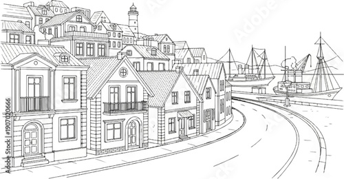 Sketch of a coastal town with buildings, a lighthouse, and ships